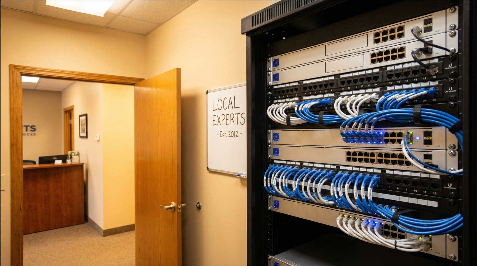 Illustrative business network rack with organized cabling