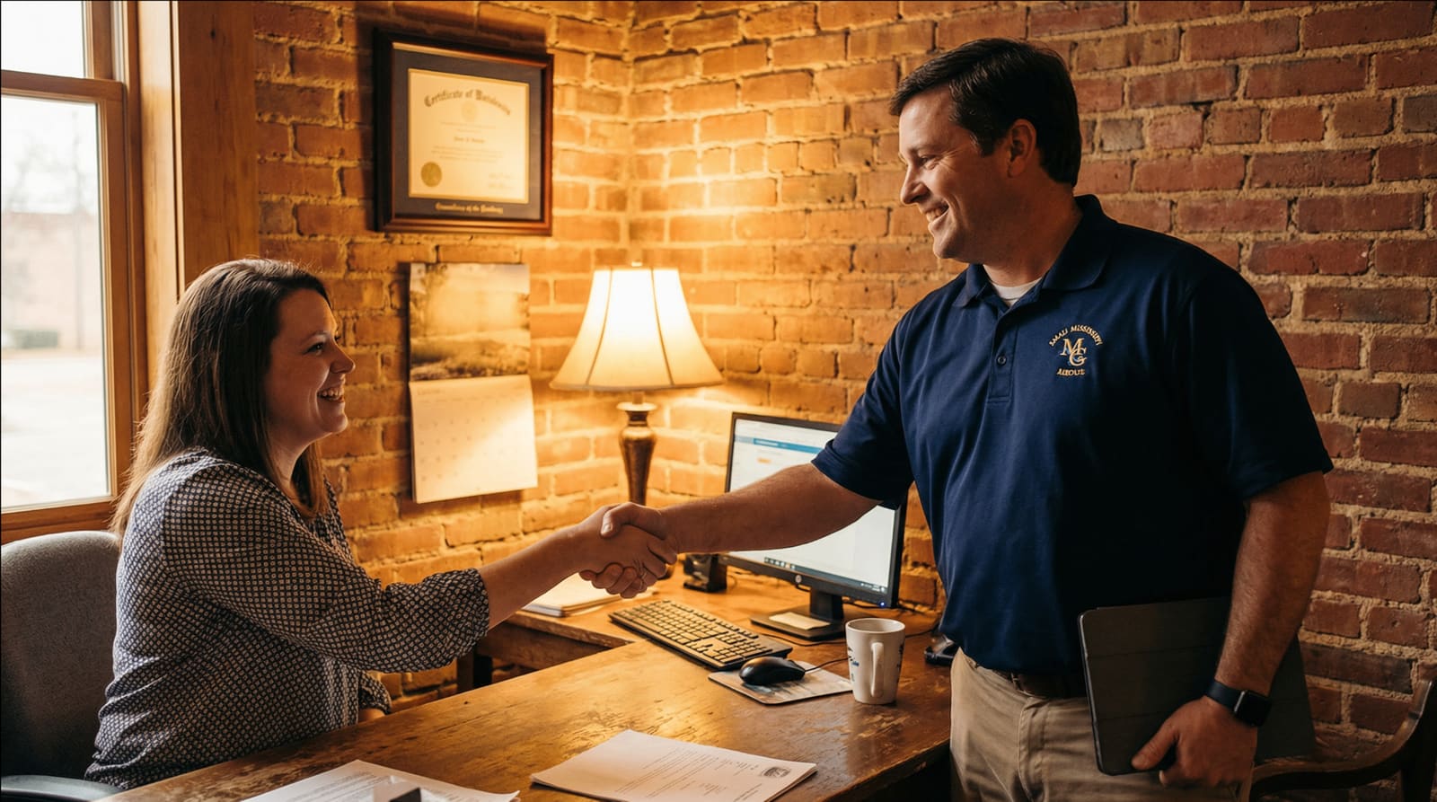 A Net-Tech technician greeting a client in a brick-walled New Albany office
